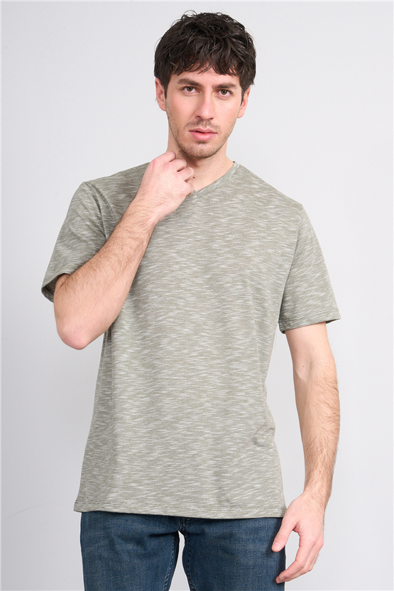 Çetinkaya Mentality 3447 V Yaka Flamlı Sıngle Jersey Regular T-shirt Haki