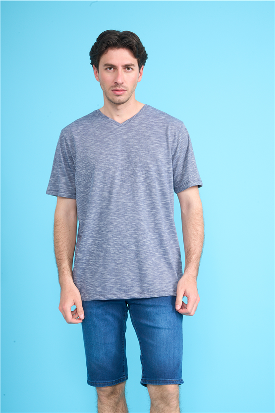 Çetinkaya Mentality 3447 V Yaka Flamlı Sıngle Jersey Regular T-shirt Lacivert