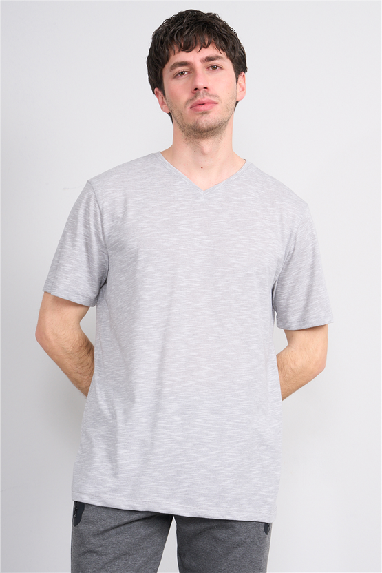 Çetinkaya Mentality 3447 V Yaka Flamlı Sıngle Jersey Regular T-shirt Gri