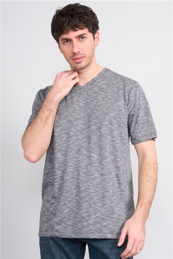 Çetinkaya Mentality 3447 V Yaka Flamlı Sıngle Jersey Regular T-shirt Siyah