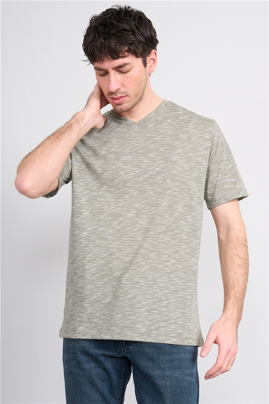 Çetinkaya Mentality 3447 V Yaka Flamlı Sıngle Jersey Regular T-shirt Haki