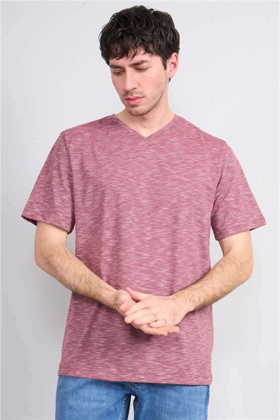Çetinkaya Mentality 3447 V Yaka Flamlı Sıngle Jersey Regular T-shirt Bordo