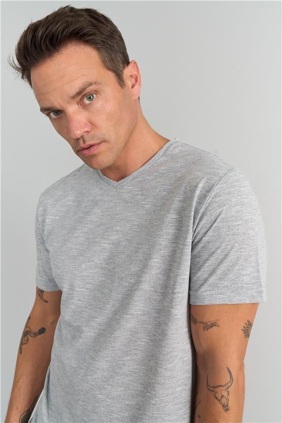 Çetinkaya Mentality 3447 V Yaka Regular T-Shirt Gri