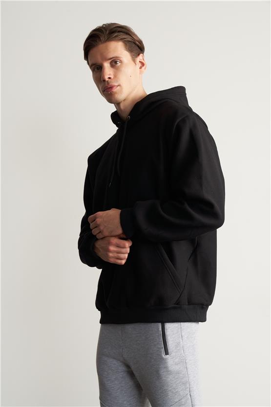 Çetinkaya Mentality 3566 Kapüşonlu Kanguru Cepli Polar Siyah Sweatshirt