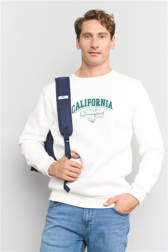 Çetinkaya Mentality 3579 3 İplik Şardonlu Bisiklet Yaka Krem Sweatshirt