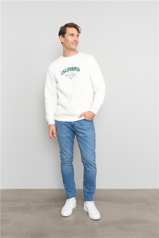 Çetinkaya Mentality 3579 3 İplik Şardonlu Bisiklet Yaka Krem Sweatshirt