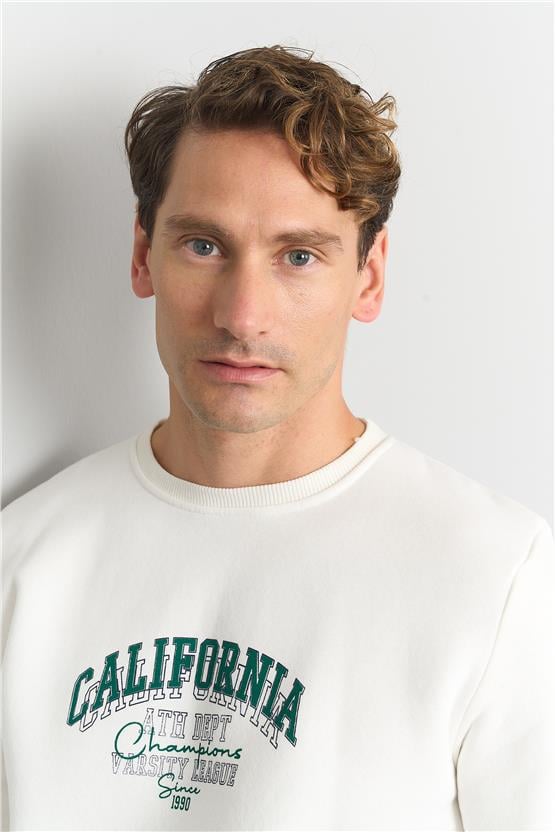 Çetinkaya Mentality 3579 3 İplik Şardonlu Bisiklet Yaka Krem Sweatshirt