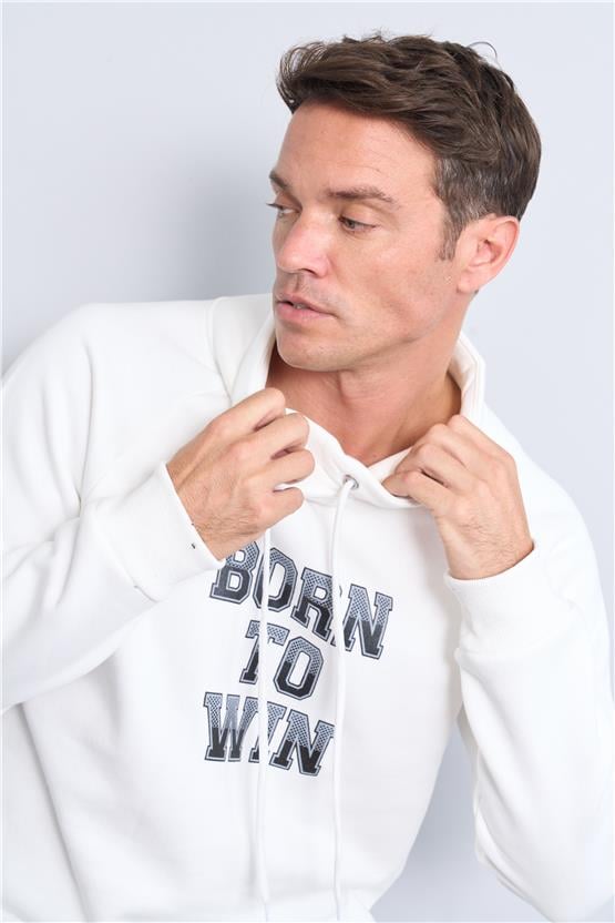 Çetinkaya Mentality 3597 Kapüşonlu 3 İplik Şardonlu Krem Sweatshirt