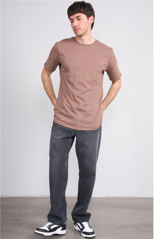 Çetinkaya Mentality 3713 Bisiklet Yaka Regular Cepli T-shirt Kakao