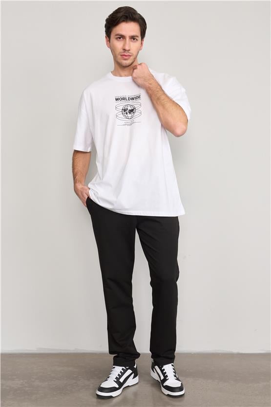 Çetinkaya Mentality 3799 Bisiklet Yaka Oversize Baskılı T-Shirt Beyaz