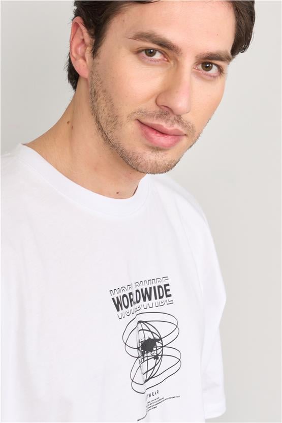 Çetinkaya Mentality 3799 Bisiklet Yaka Oversize Baskılı T-Shirt Beyaz