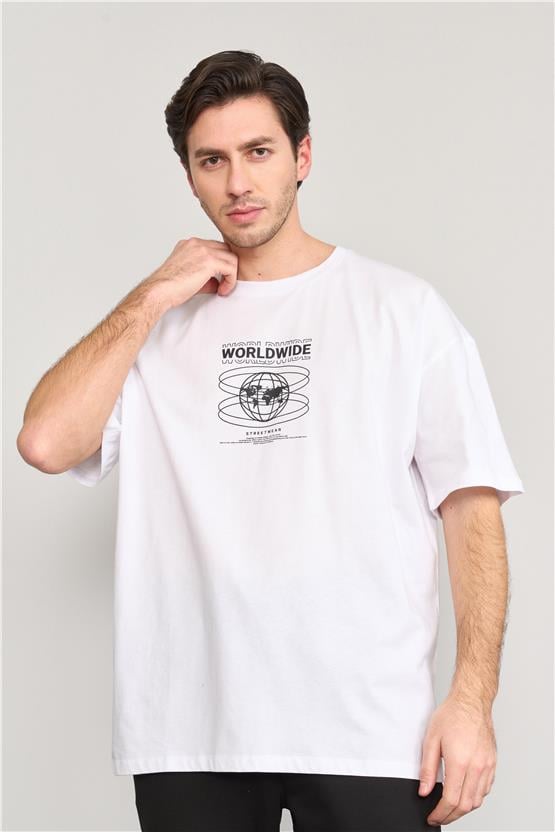 Çetinkaya Mentality 3799 Bisiklet Yaka Oversize Baskılı T-Shirt Beyaz