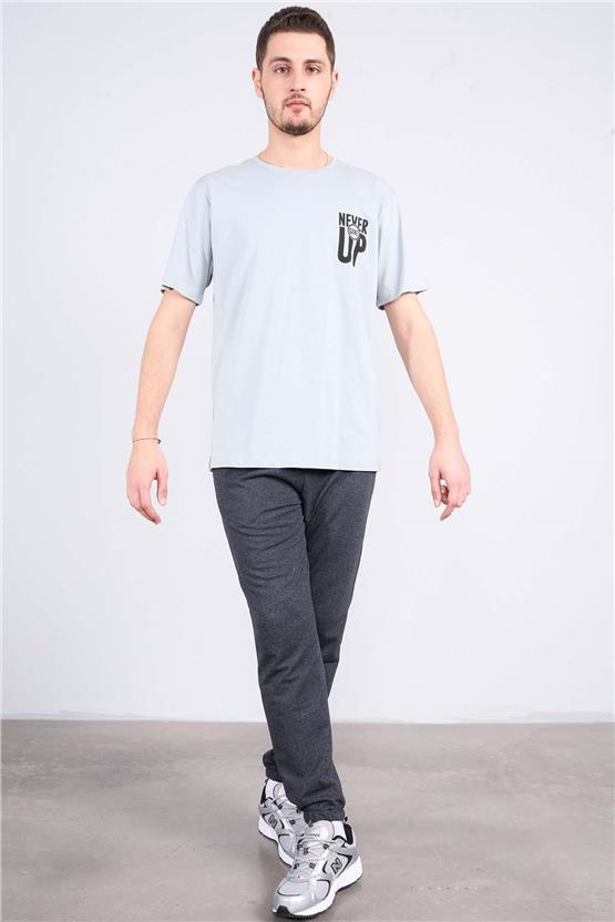 Çetinkaya Mentality 3888 B Yaka Regular Baskılı T-Shirt Düz Açık Gri