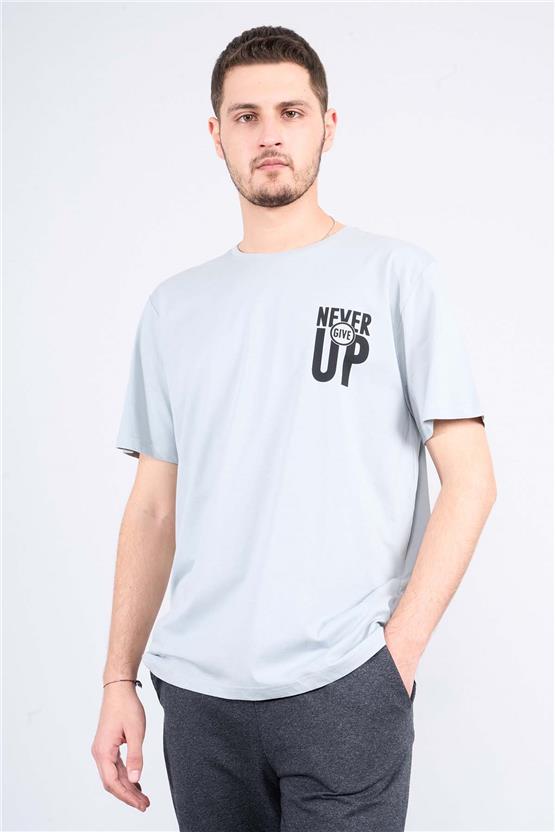 Çetinkaya Mentality 3888 B Yaka Regular Baskılı T-Shirt Düz Açık Gri