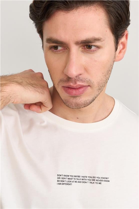 Çetinkaya Mentality 3898 Bisiklet Yaka Regular Baskılı T-Shirt Krem
