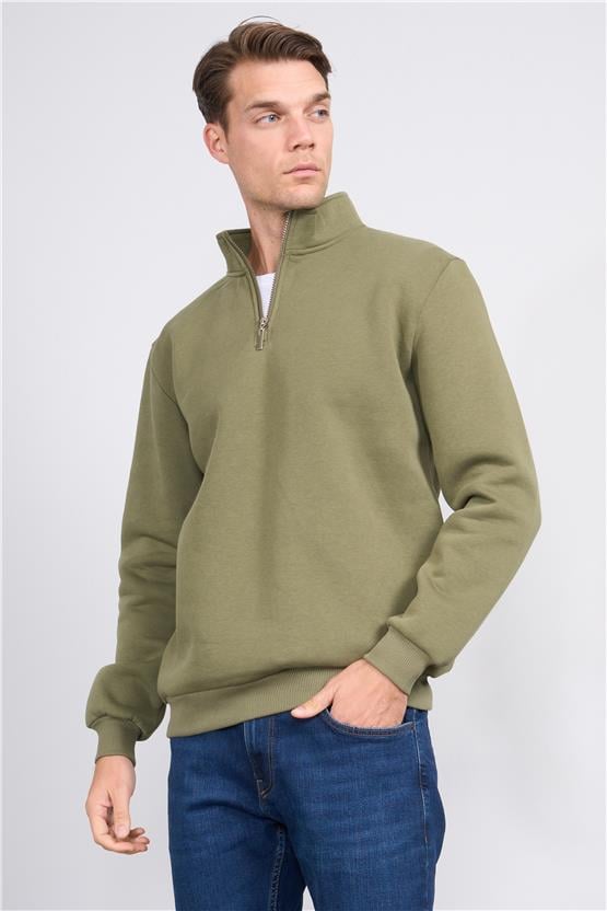 Çetinkaya Mentality 3907 3 İp Dik Yaka Haki Sweatshirt