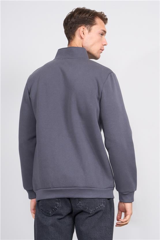 Çetinkaya Mentality 3907 3 İp Dik Yaka Düz Koyu Gri Sweatshirt