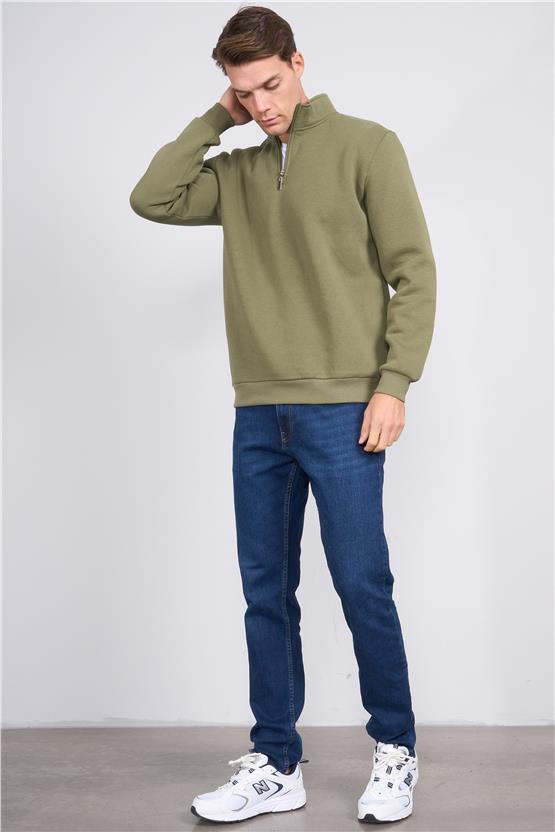 Çetinkaya Mentality 3907 3 İp Dik Yaka Haki Sweatshirt