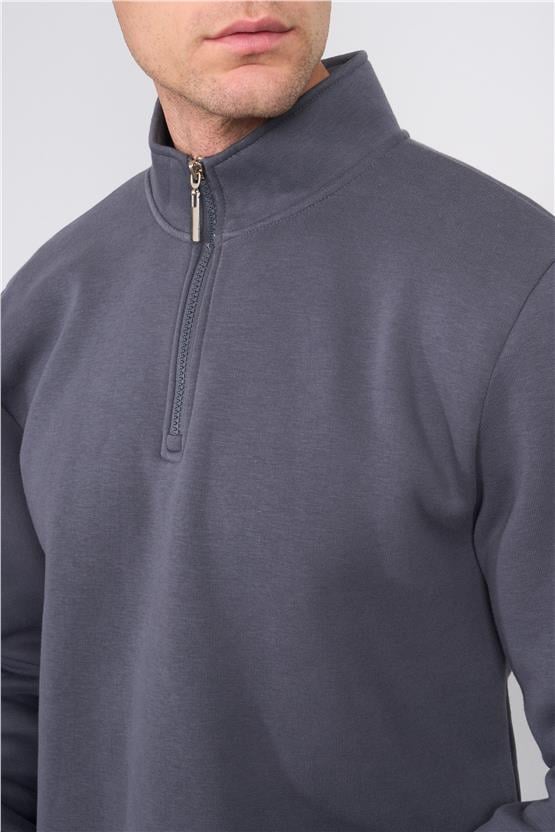 Çetinkaya Mentality 3907 3 İp Dik Yaka Düz Koyu Gri Sweatshirt