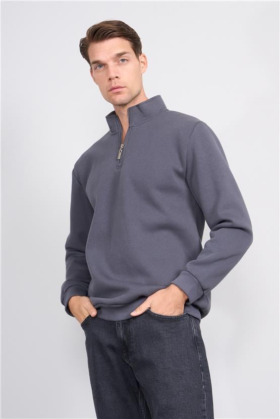 Çetinkaya Mentality 3907 3 İp Dik Yaka Düz Koyu Gri Sweatshirt