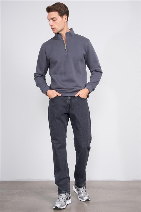 Çetinkaya Mentality 3907 3 İp Dik Yaka Düz Koyu Gri Sweatshirt
