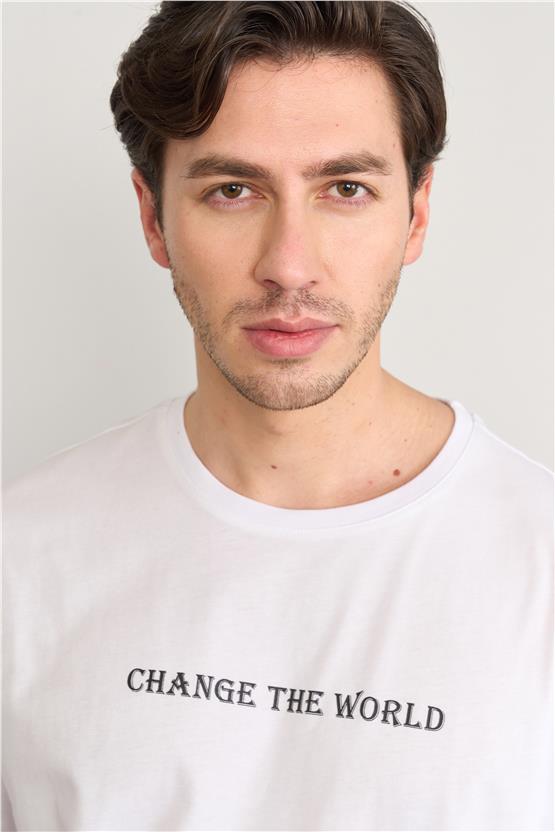 Çetinkaya Mentality 3957 B Yaka Regular Baskılı T-Shirt Beyaz