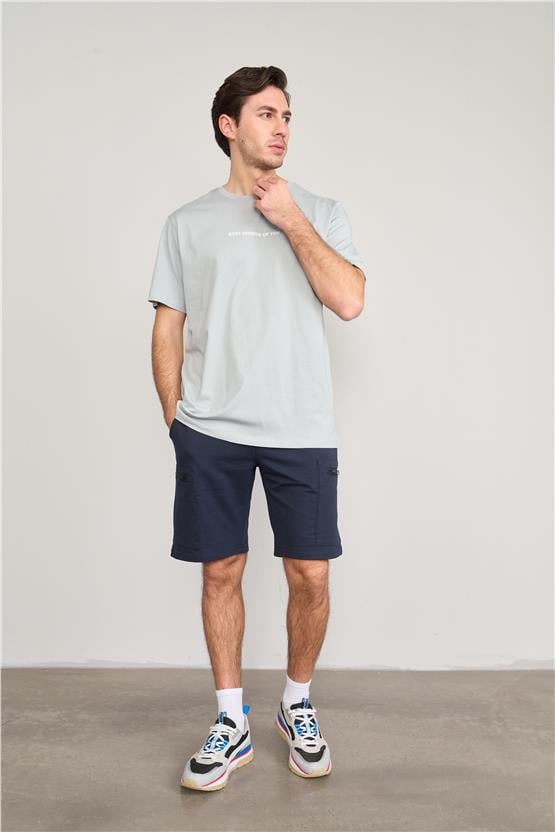 Çetinkaya Mentality 3958 B Yaka Regular Baskılı T-Shirt Düz Açık Gri