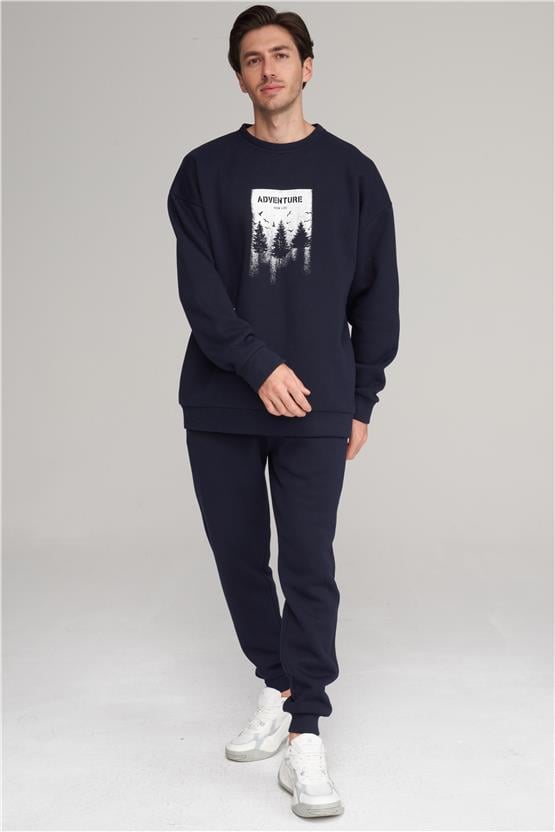 Çetinkaya Mentality 3970 3 İplik Bisiklet Yaka Baskılı Koyu Gri Sweatshirt