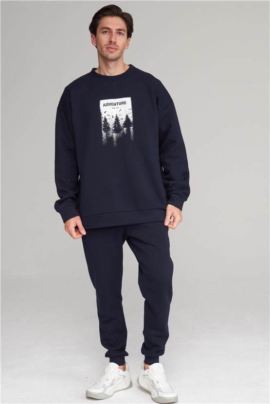Çetinkaya Mentality 3970 3 İplik Bisiklet Yaka Baskılı Koyu Gri Sweatshirt