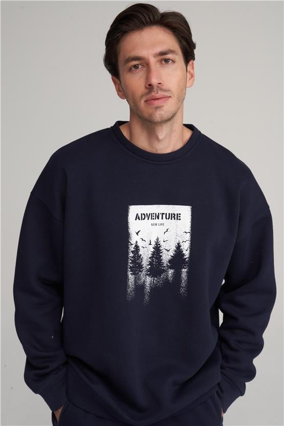 Çetinkaya Mentality 3970 3 İplik Bisiklet Yaka Baskılı Koyu Gri Sweatshirt