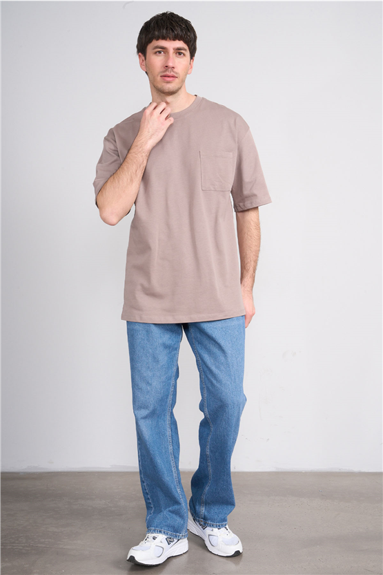Çetinkaya Mentality 3971 Bisiklet Yaka Regular Cepli T-shirt Vizon
