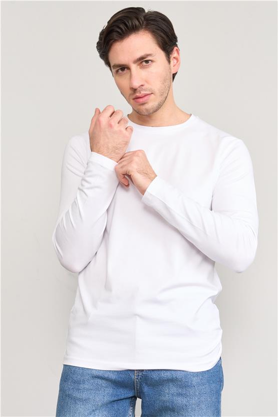 Çetinkaya Mentality 4199 Bisiklet Yaka Uzun Kol Süprem Slimfit Body Beyaz