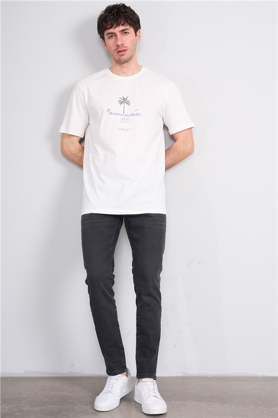 Çetinkaya Mentality 4209 Bisiklet Yaka Regular Baskılı T-shirt Krem