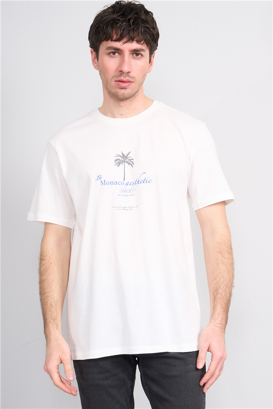 Çetinkaya Mentality 4209 Bisiklet Yaka Regular Baskılı T-shirt Krem