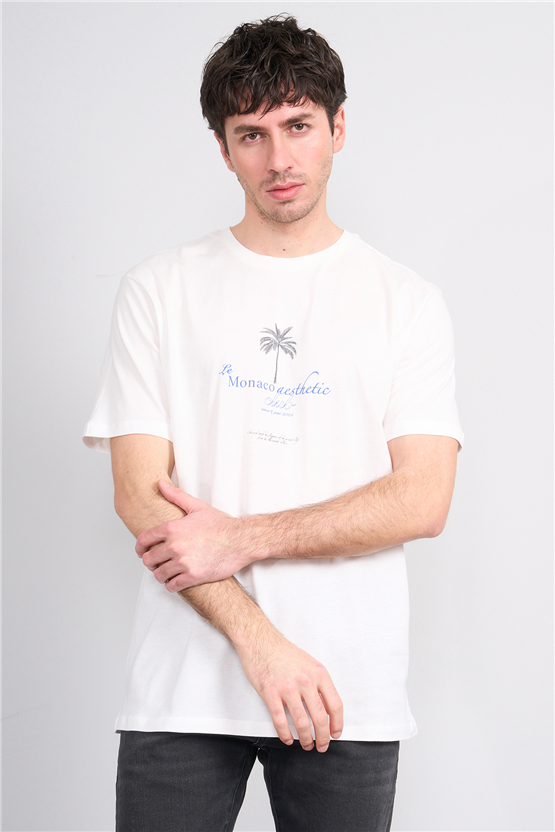 Çetinkaya Mentality 4209 Bisiklet Yaka Regular Baskılı T-shirt Krem