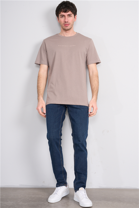 Çetinkaya Mentality 4212 Bisiklet Yaka Regular Baskılı T-shirt Koyu Vizon