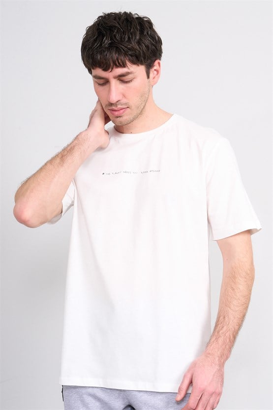 Çetinkaya Mentality 4212 Bisiklet Yaka Regular Baskılı T-shirt Krem