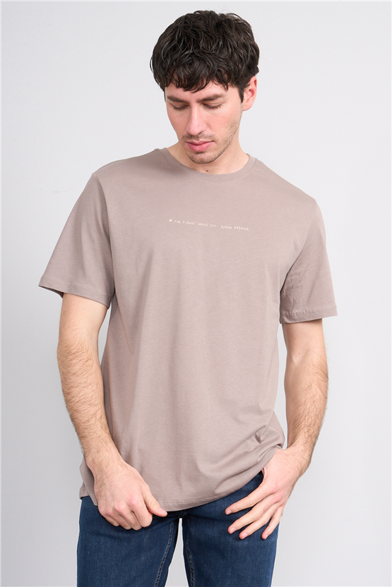 Çetinkaya Mentality 4212 Bisiklet Yaka Regular Baskılı T-shirt Koyu Vizon