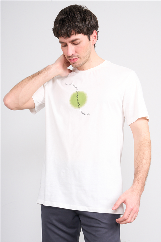 Çetinkaya Mentality 4214 Bisiklet Yaka Regular Baskılı T-shirt Krem