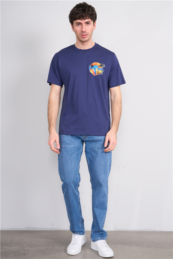 Çetinkaya Mentality 4215 Bisiklet Yaka Regular Baskılı T-shirt Açık Lacivert