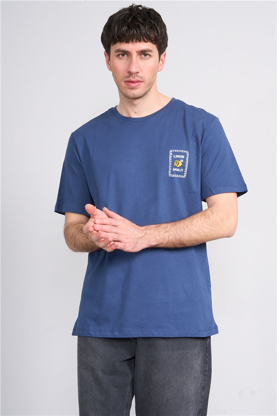 Çetinkaya Mentality 4244 Bisiklet Yaka Regular Baskılı T-shirt İndigo