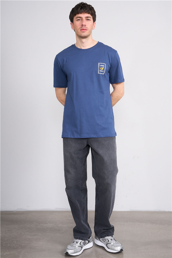 Çetinkaya Mentality 4244 Bisiklet Yaka Regular Baskılı T-shirt İndigo