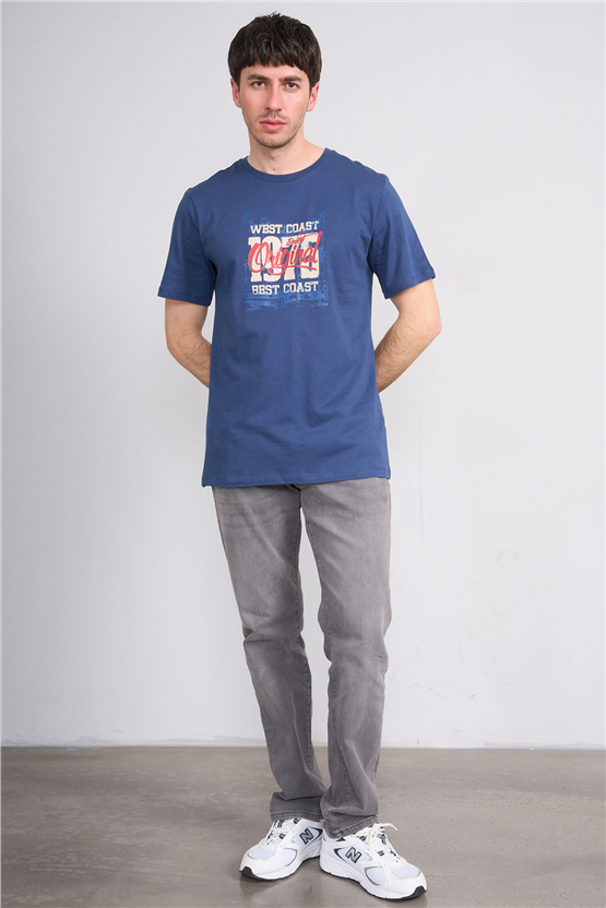 Çetinkaya Mentality 4245 Bisiklet Yaka Regular Baskılı T-shirt İndigo