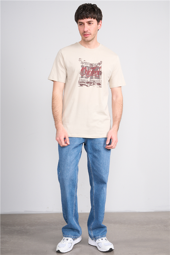 Çetinkaya Mentality 4245 Bisiklet Yaka Regular Baskılı T-shirt Vizon