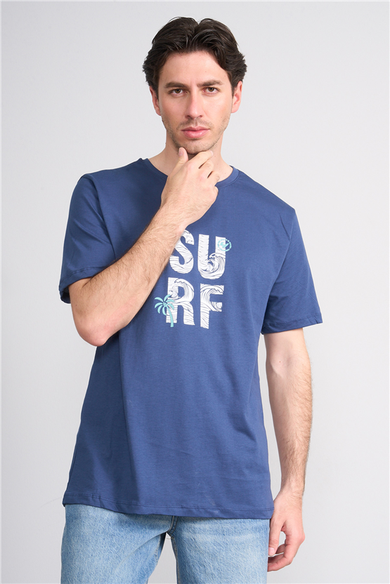 Çetinkaya Mentality 4246 Bisiklet Yaka Regular Baskılı T-shirt İndigo