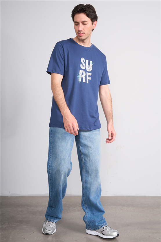 Çetinkaya Mentality 4246 Bisiklet Yaka Regular Baskılı T-shirt İndigo