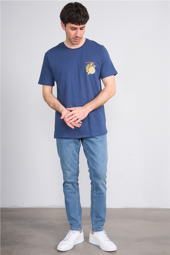 Çetinkaya Mentality 4270 Bisiklet Yaka Regular Baskılı T-shirt İndigo