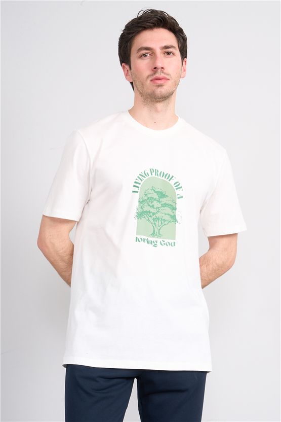 Çetinkaya Mentality 4378 Bisiklet Yaka Regular Baskılı T-shirt Krem