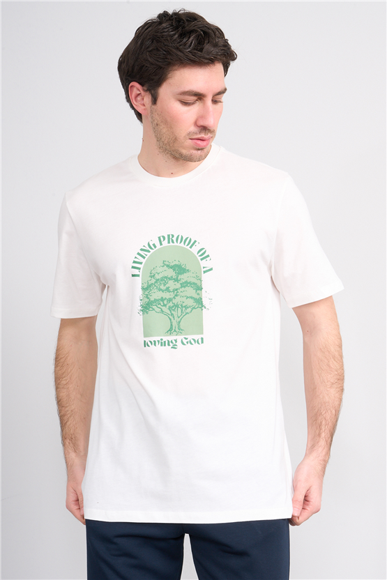 Çetinkaya Mentality 4378 Bisiklet Yaka Regular Baskılı T-shirt Krem