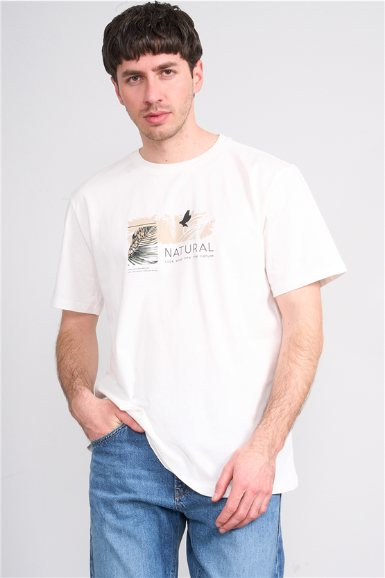 Çetinkaya Mentality 4383 Bisiklet Yaka Regular Baskılı T-shirt Krem